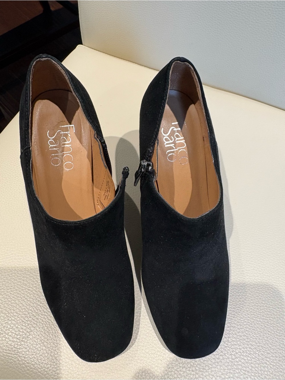 Franco Sarto Black Suede Ankle Zip Block Heel Pumps